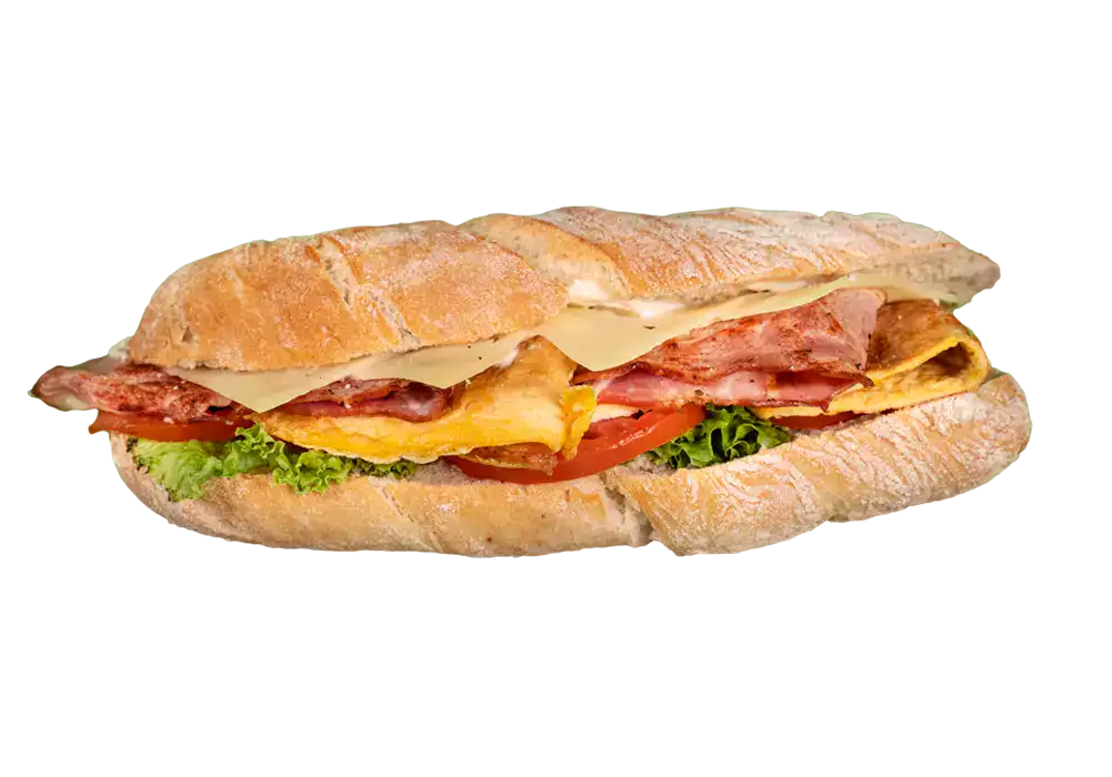 Sandwich with bacon, omelet, cheese, tomato and lettuce
